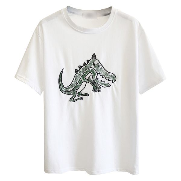 T-shirt con scollo a V manica corta verde ricamo dinosauro bianco Top T-shirt Donna Donna B0109 210514