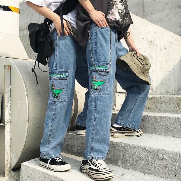 

harajuku cartoon cute dinosaur women jeans loose high waist trousers cotton big pocket medium overalls female pants, Blue