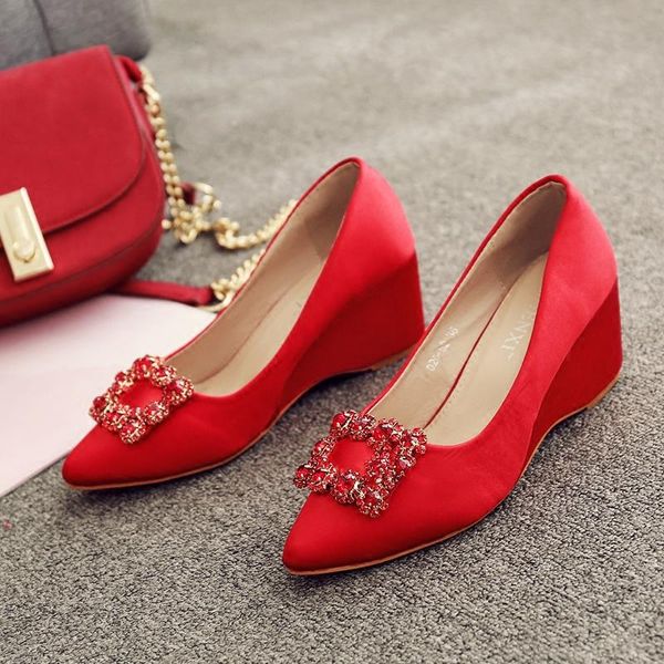 

dress shoes women wedding red high heels wedge pumps comfortable pointed toe crystal rhinestone square buckle female bride, Black