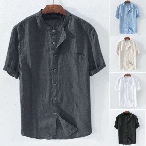 

men's shirt short sleeve loose summer thin breathable cotton hemp stand collar beach casual, White;black