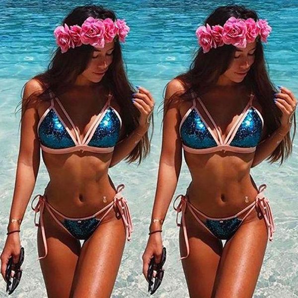 

two-piece suits women bikini set bandage push-up solid blue sequins swimsuit bathing padded triangle beach swimwear