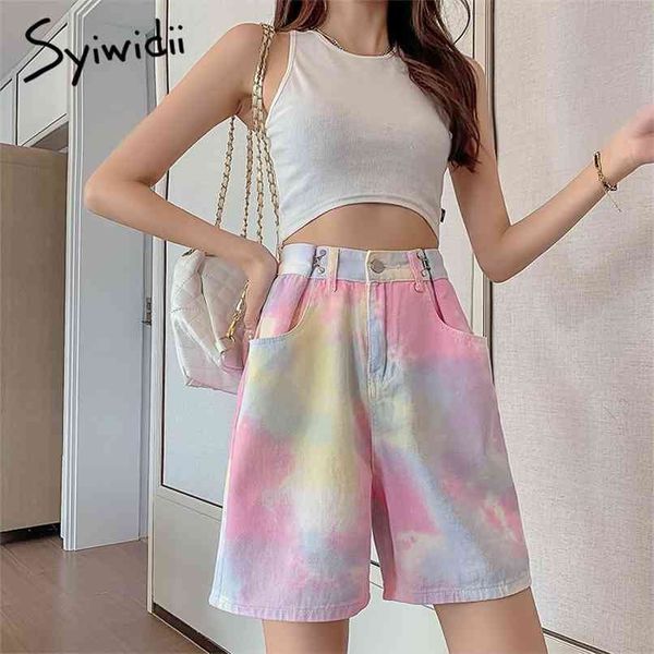 

jean denim shorts woman pink wide leg pants high waisted adjust waist baggy jeans fashion streetwear summer 210607, Blue