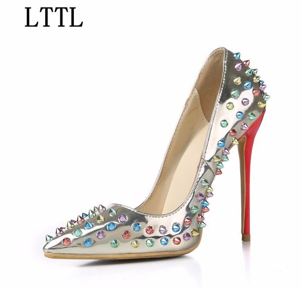 

women multi-color rivet pumps pointed toe slip on thin high heels party wedding dress shoes ladies rivers tide, Black