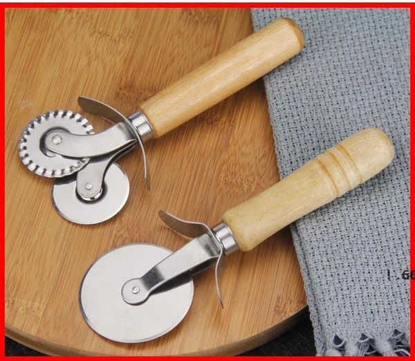 newUtensili da cucina Rotondo Tagliapizza Coltello Rullo Frizione Taglierine in acciaio inossidabile Manico in legno Pasticceria Utensile antiaderente Affettatrice con impugnatura EWA50