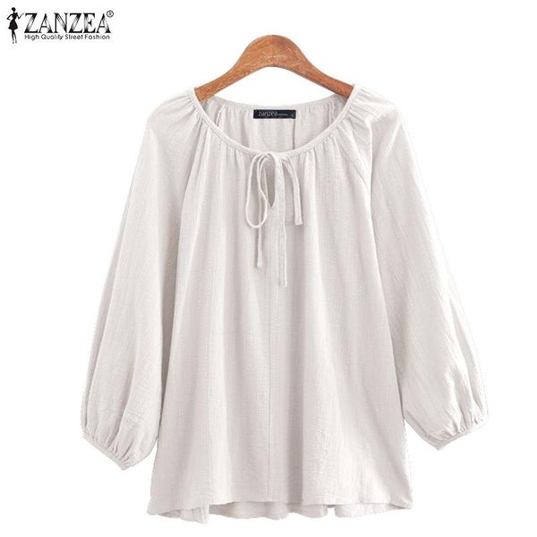 

women's blouses & shirts office lady blouse women 2022 spring lace up casual solid puff sleeve female loose blusa femme, White
