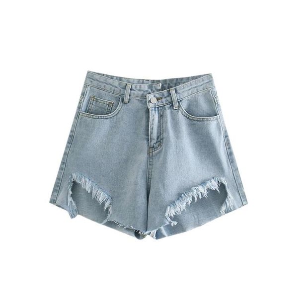 

women's jeans spice girls must enter the loose-legged pants retro harbor wind-breaking hole hairy edge irregular denim shorts dlzk703, Blue