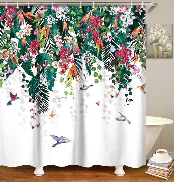 

green leaves flower with bird shower curtain set with 12 hooks, decorative fabric floral bath curtain botanical tropical