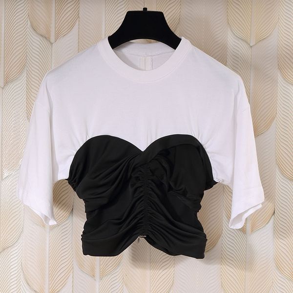 

t shirt aw patchwork shirt summer o-neck tunic pleated slim-fitting wild cotton t-shirt women fashion chic casual contrast t-shirts, White