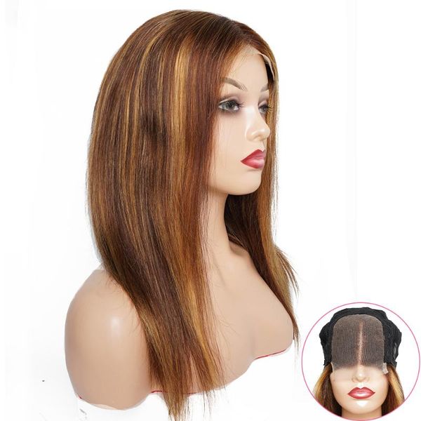 

lace wigs 4*4 closure p4/27 highlight ombre color brazilian human hair wig brown mixed honey blonde front for women, Black;brown