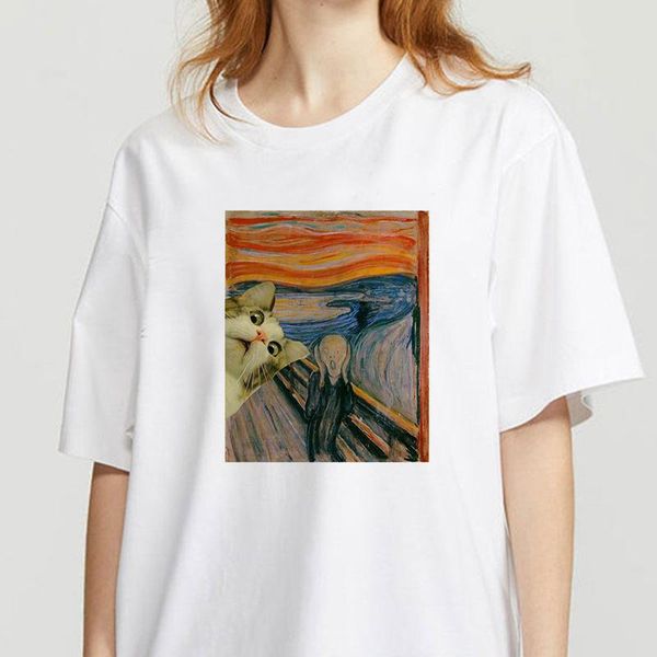 

women's t-shirt summer women oil paintings of cat printed tshirts casual tee harajuku 90s vintage white shirt mujer camisetas