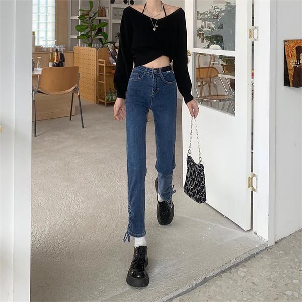 

women's jeans dd0355 high-waisted slim design niche nine-point straight-leg, Blue