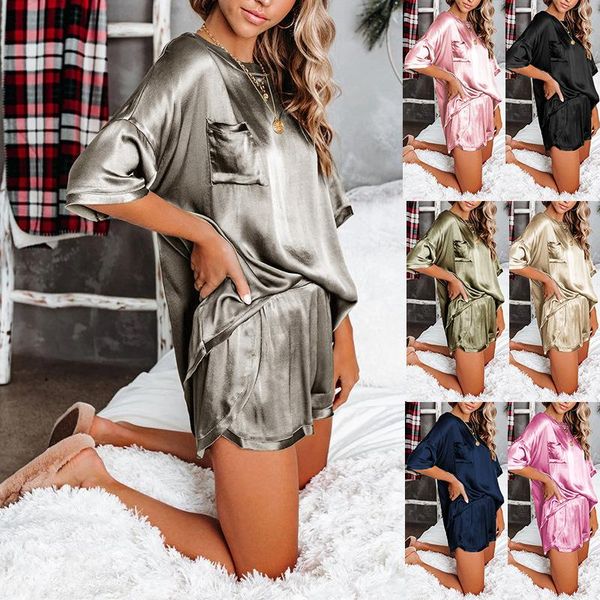 

spring & summer style solid color round neck short sleeve home casual wear women's clothing suit pajamas tracksuits, Gray