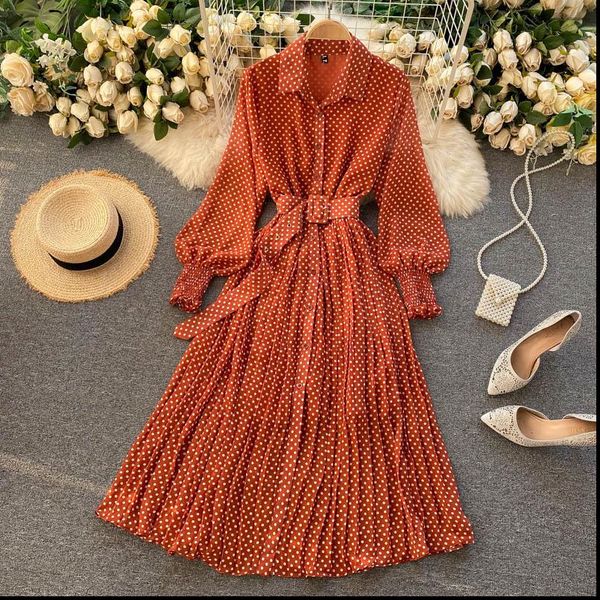 

womens dresses spring and summer french vintage maxi dress sundress ladies long sleeve orange polka dot chiffon pleated femme robe, Black;gray