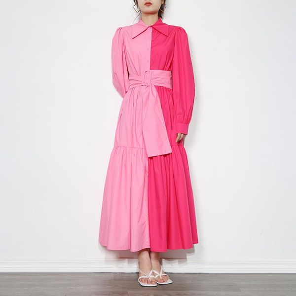 

casual dresses color block patchwork sashes dress for women point collar bishop sleeve long summer female fashion, Black;gray