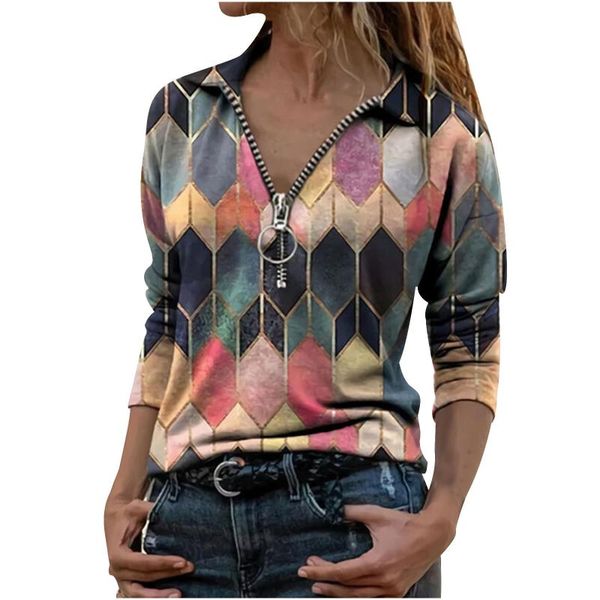 

v-neck zip up sweatshirts fashion women lapel geometric print zipper hoodies long sleeve casual blouse female jumper women's &, Black