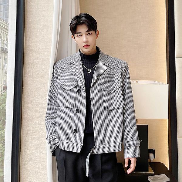 

men's jackets suit collar plaid short style jacket men korean streetwear vintage fashion chic trendy casual male coat outerwear, Black;brown
