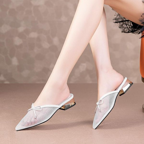 

brand summer women black slippers women's shoes genuine leather cowhide net yarn bow mules