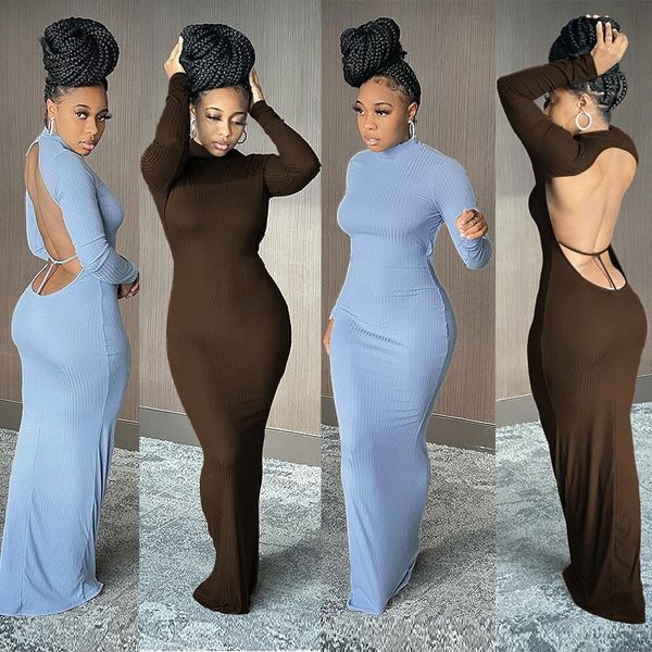 

winter autumn ribbed backless long maxi dress women sleeve skinny stretch lace up hollow out back party night clubwear casual dresses, Black;gray
