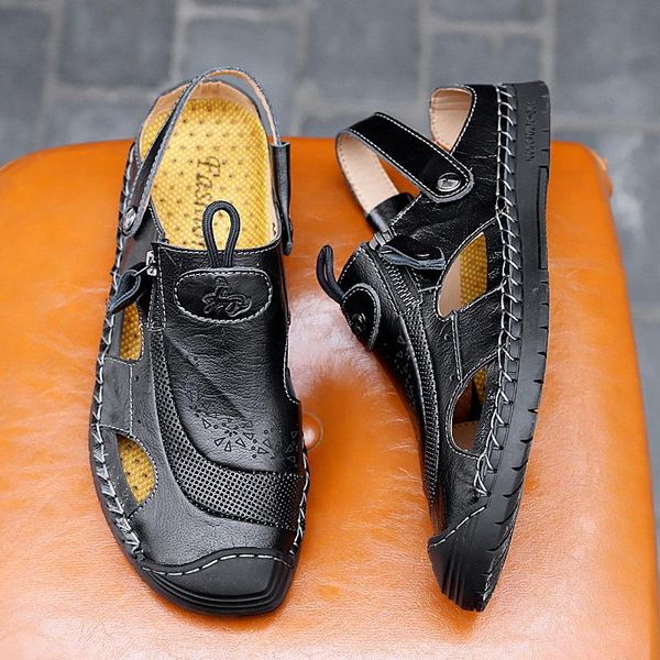 

sandals fashion summer leather men outdoor beach flat comfortable mens breathable water trekking shoes large sizes, Black