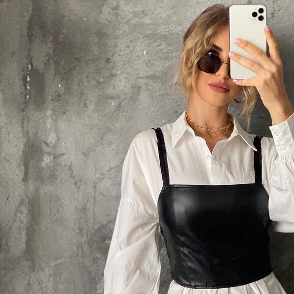 

pu leather camisole solid womens tank color sling black slim elastic short waistcoat female clothes, White