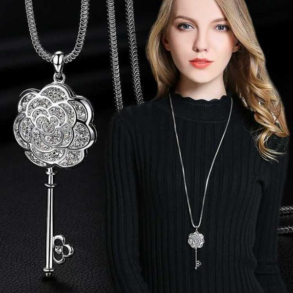 

pendant necklaces fashion rhinestone rose flower long necklace for women crystal key statement sweater adjustable jewellery, Silver