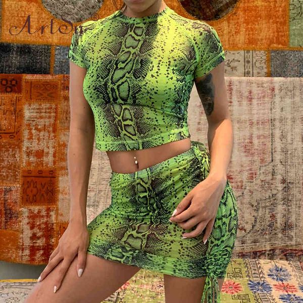

snake print summer 2 piece set women sheer mesh green red short sleeve crop and skirt matching sets club outfits, White;black