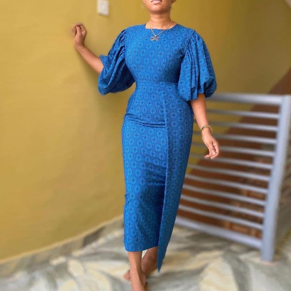 

women print long dress o neck puff sleeves slim party occasion elegant classy modest female african fashion vestidos robes gowns 210416, Black;gray