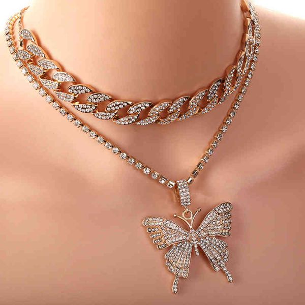 

iced out cuban link chain butterfly necklace set ice choker necklace women blinged chain chocker hip hop pendant chain jewelry x0509, Black