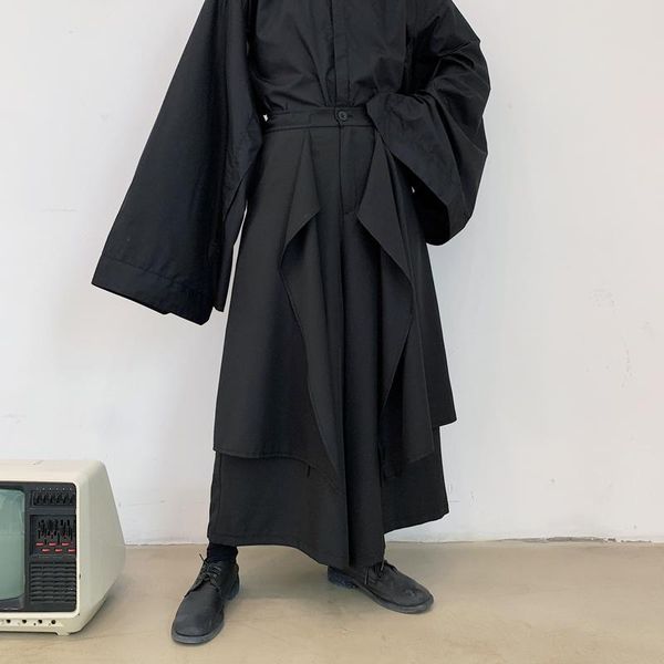 

men casual black wide leg pant skirts male women japan streetwear punk gothic kimono trouser harem pants stage clothing loose men's