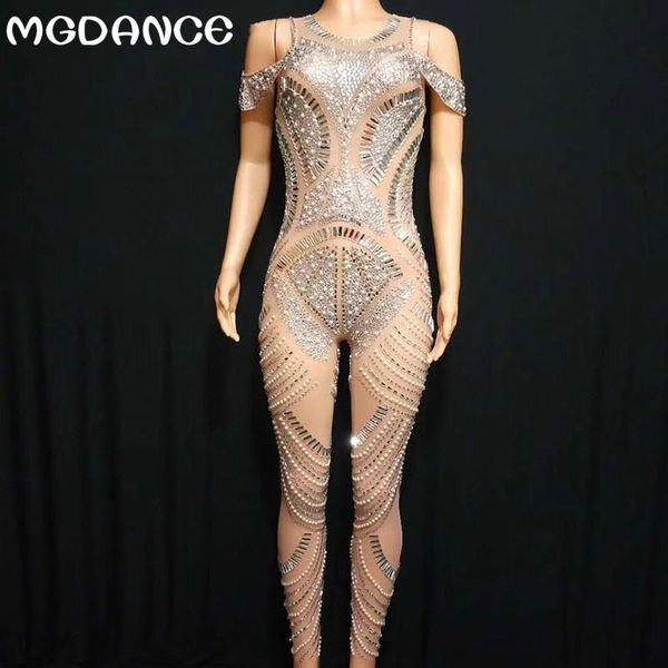 

women's jumpsuits & rompers women mesh silver sparkly rhinestones jumpsuit singer dance outfit see through nightclub costumes, Black;white