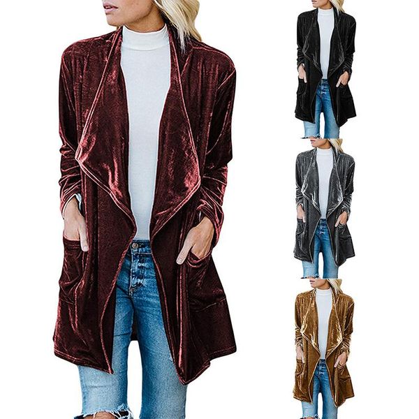 

women's trench coats autumn casual duster cardigan coat women comfortable solid color mid-length windbreaker plus size gold velvet jack, Tan;black