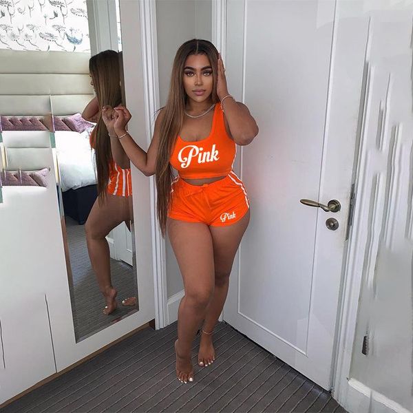 

women's tracksuits vbpb 2021 summer pink letter suitable young tank sleeve short pants slim women 2 piece set, Gray