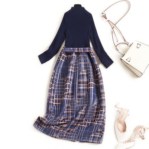 

autumn fashion sweater knitted elegant plaid print office pencil robe femme party dress, Black;gray