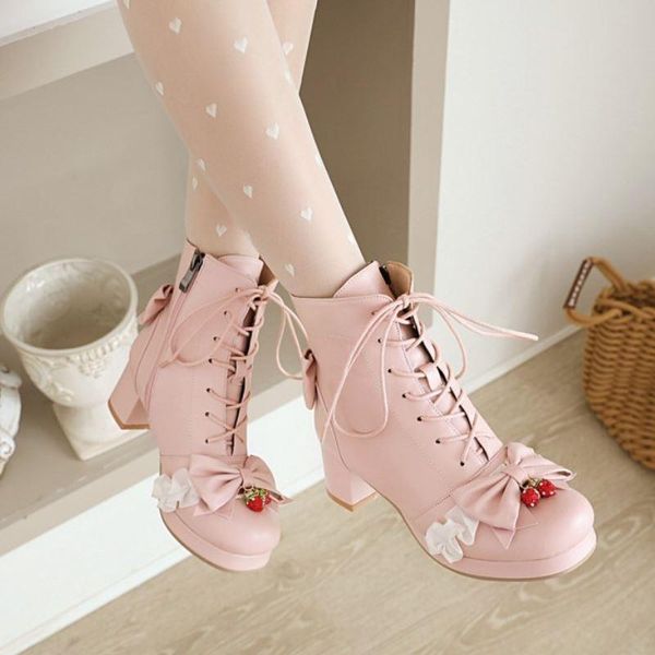 

boots women ankle thick heel bow tie high sweet winter shoes party ladies footwear size 30-48, Black