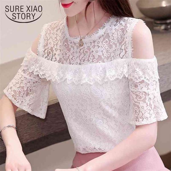 

women's summer blouses s clothing short sleeve white lace off shoulder shirts 4393 50 210506