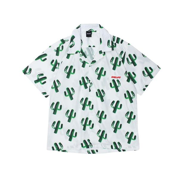 

men's casual shirts harajuku cactus print lapel summer shirt men and women short sleeve oversize loose hawaiian hip hop beach, White;black