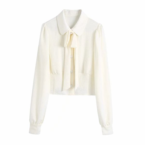 

women exquisite faux pearl inlaid buttons neckline bow-knot lace shirt female elegant wearable long-sleeved 210531, White