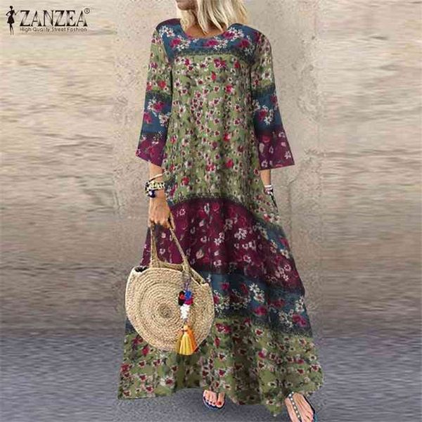 

zanzea spring dress plus size women 3/4 sleeve bohemian floral print cotton party dresses sundress vestidos female tunic robe, Black;gray