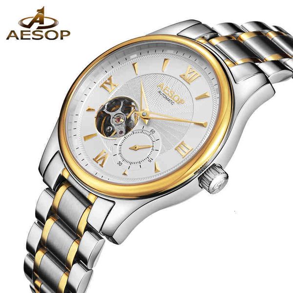

brand gold automatic watches aesop men's fashion waterproof blinds hollow mechanical casual business relogio masculino, Slivery;brown