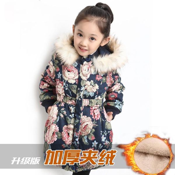 

coat winter jackets for girls kids fashion floral printed parka coats very thick fleece warm children outerwear, Blue;gray