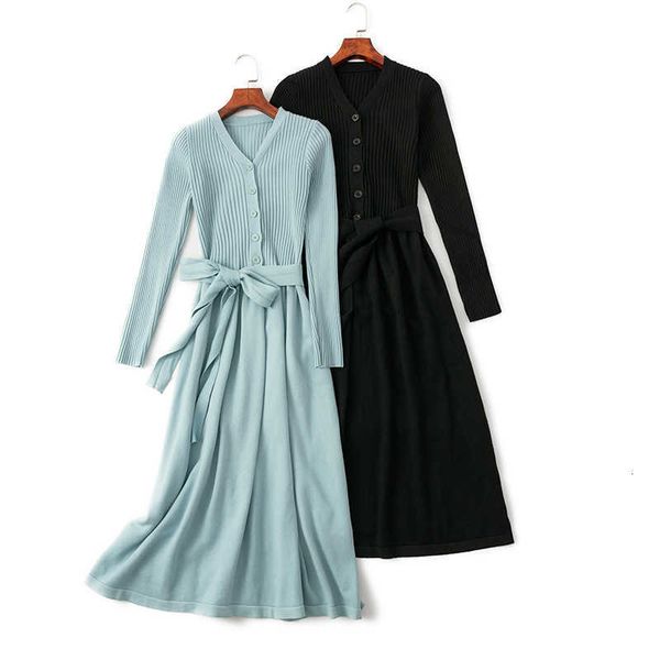 

casual dresses autumn winter v-neck maxi sweater women ol female long with belt elegant a-line solid slim 1l7a, Black;gray