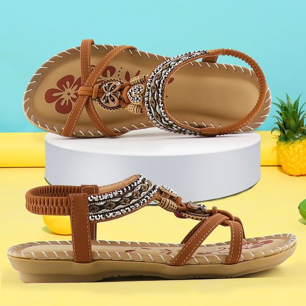 

women's sandals retro fashion flower print sewing sho rhintone dign summer soft elastic band walking, Black