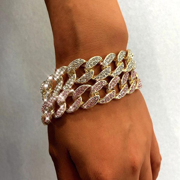 

link, chain hip hop iced out rhinestone cuban bracelets for women multicolor zircon thick metal bangles fashion jewelry gift, Black