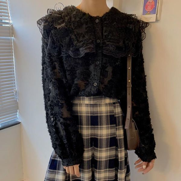 

women shirts blouses lace see through puff sleeve shirt blouse fashion transparent black female blusas, White