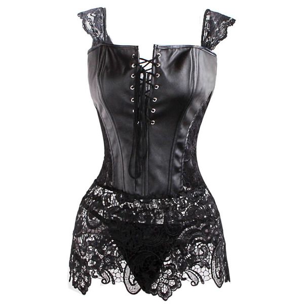 

bustiers & corsets plus size lingerie with g-string women faux leather&lace burlesque steampunk corset set waist gothic bustier dress, Black;white