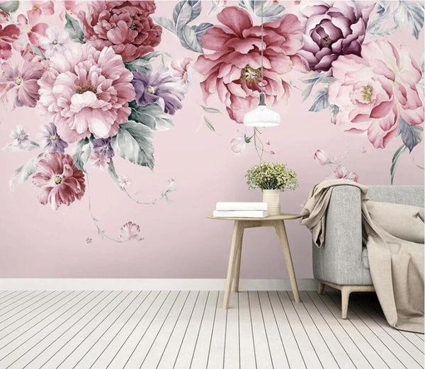 

wallpapers cjsir custom 3d wallpaper mural high-end european-style hand-painted pink flowers pastoral living room tv background wall