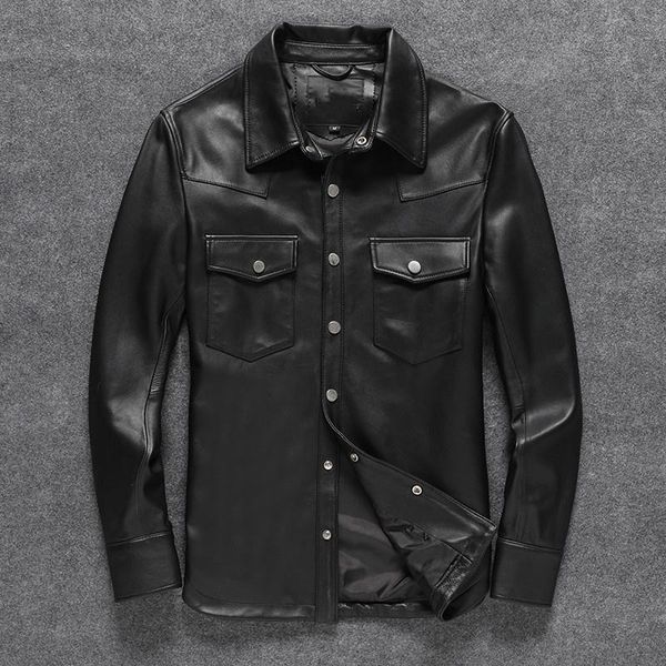 

men's leather & faux casual 2021 black style slim fit genuine shirt men single breasted plus size 4xl real thin sheepskin spring natura