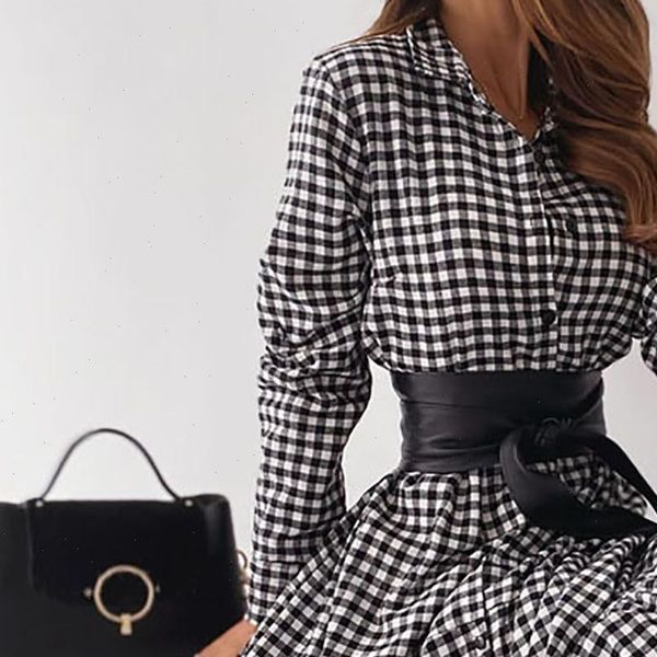 

womens casual sundress women dresses spring lapel shirt dress long sleeve mid claf vestidos female button robe belted plaid turn, Black;gray