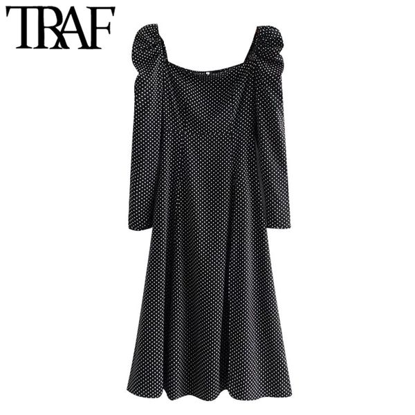 TRAF Mulheres Elegante Moda Polka Dot Frente Forma Midi Vestido Vintage Spruff Manga Preto Elastic Feminino Vestidos Vestidos 210415