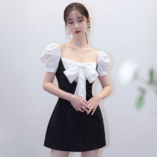 

casual dresses runway elegant square collar bow puff sleeve women's summer party clothing brand designer vestidos kg6c, Black;gray